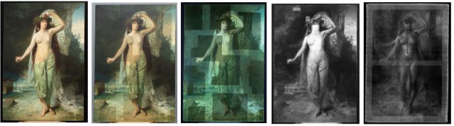 Na této koláži můžeme vidět podoby díla v různých fázích zkoumání a čištění, od techniky vodního snímání nikotinových nečistot, přes infračervené reflektografie až po rentgenový snímek. | Foto: Archiv Alžběty Mirjam Procházkové