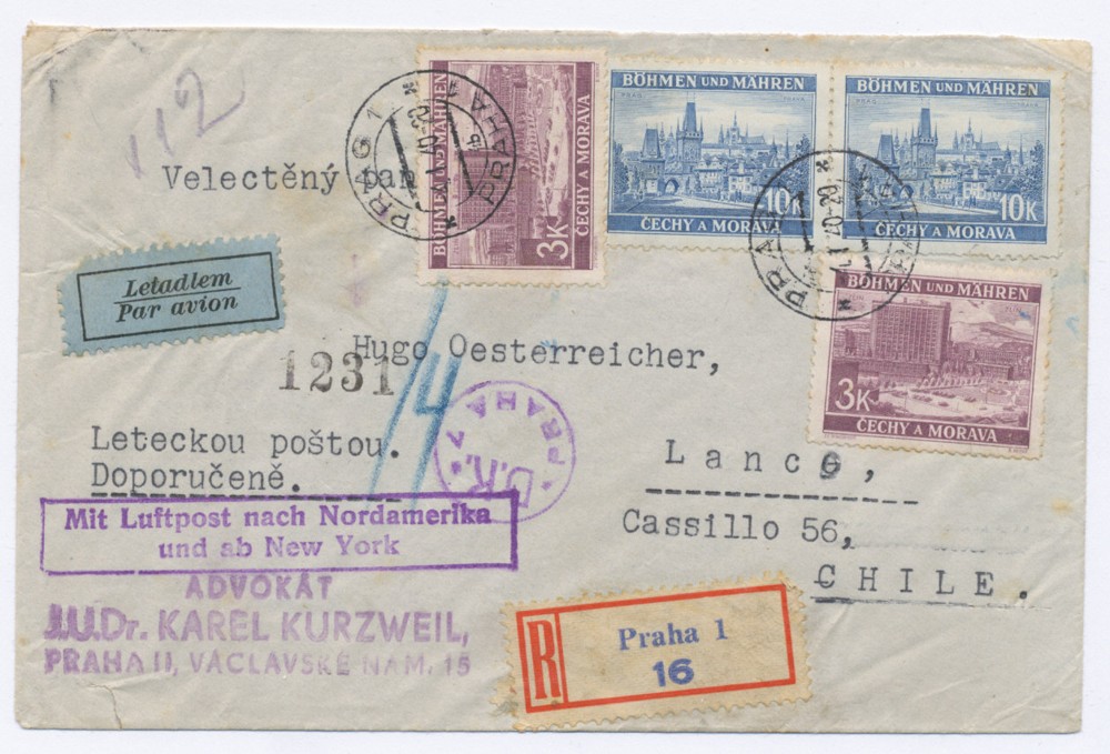 R-let dopis do Čile 1940 vyfr. 3+3+10+10K Krajinky