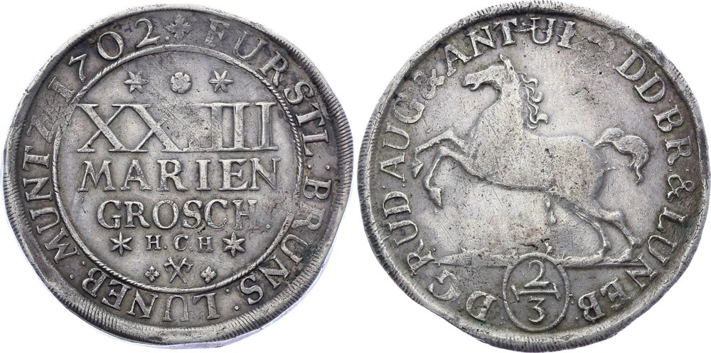 German States Brunswick-Wolfenbuttel 2/3 thaler 1702 HCH - 24 Mariengroschen
