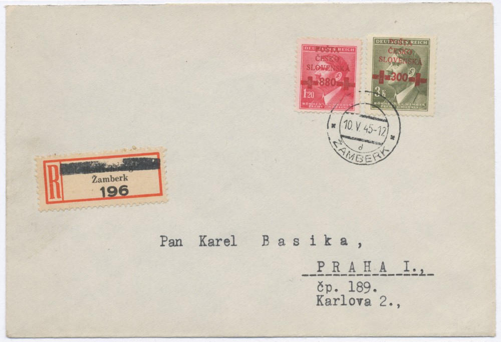 R-dopis vyfr. revolučními zn. 1.20 a 3K A.H. s přetiskem,DR Žamberk