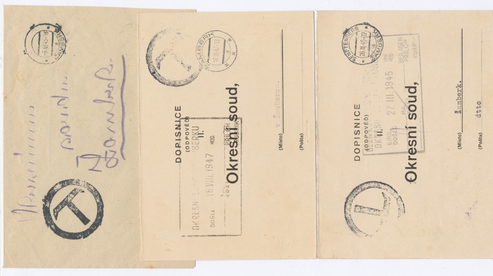 3 ks nevyplacených celistvostí zasl. v roce 1945 na Soudv Žamberku