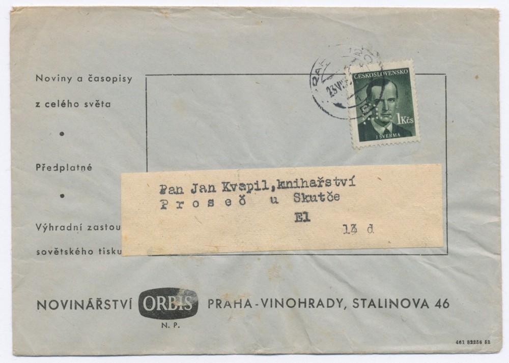 Tiskopis ORBIS vyfr. zn. 1Kčs Šverma s perfinem P