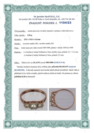 Zlatý prsten s diamanty, kombinované zlato, první republika