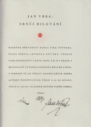 Srnčí milování / Jan Vrba (podpis) ; barevné dřevoryty Karel Vik (podpis)