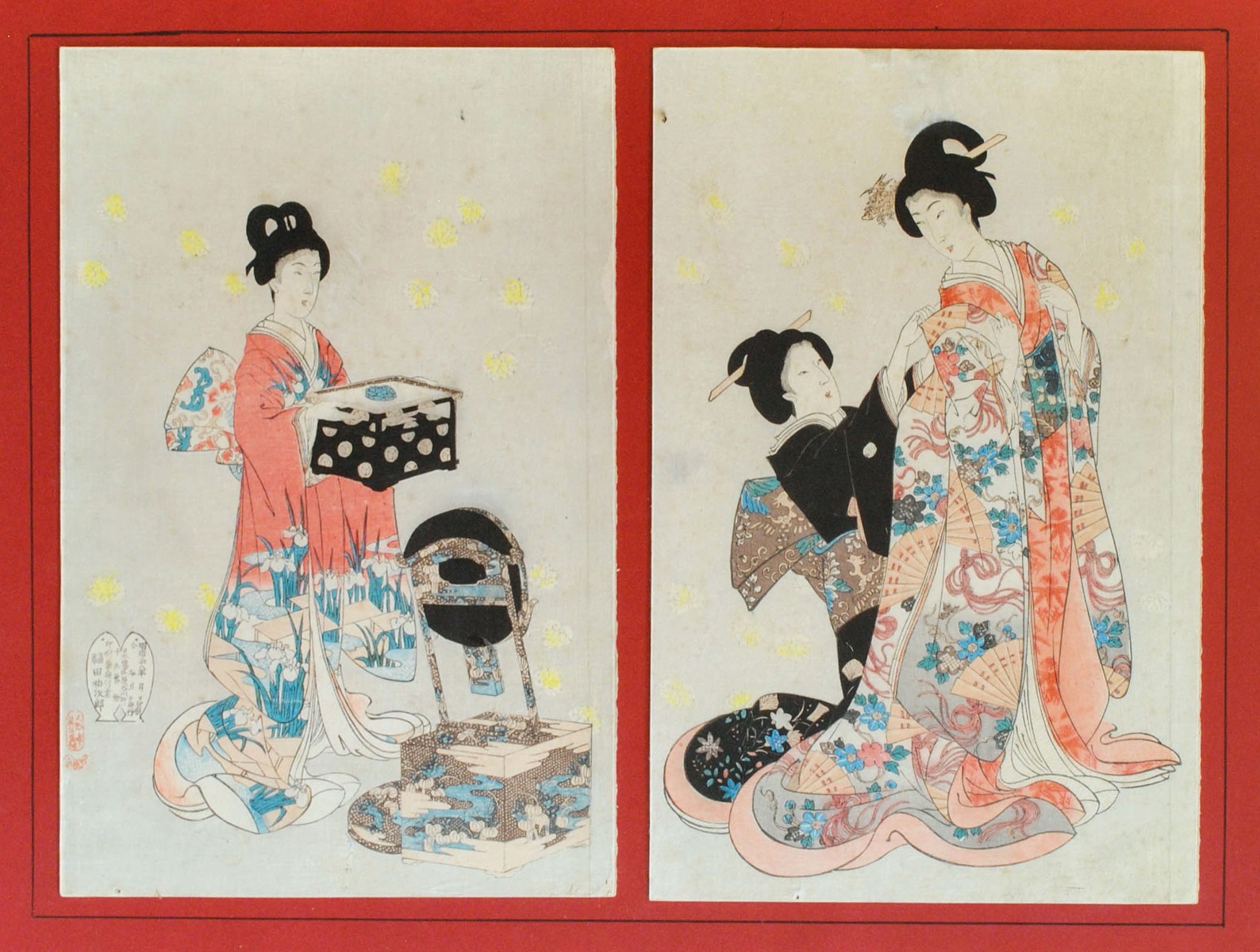Toyohara Chicanobu - Příprava na vstup do Chitoba  paláce v době Tokugawa (diptych)