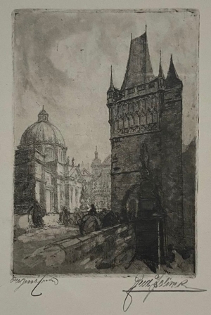 Rudolf JELÍNEK (c.1880-1950) - Pohled na Křižovníky a mosteckou věž