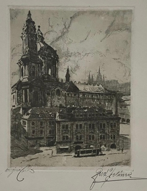Rudolf JELÍNEK (c.1880-1950) - Malostranské náměstí s chrámem sv. Mikuláše