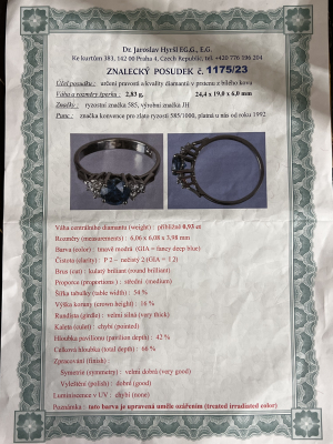 Prsten s modrým diamantem