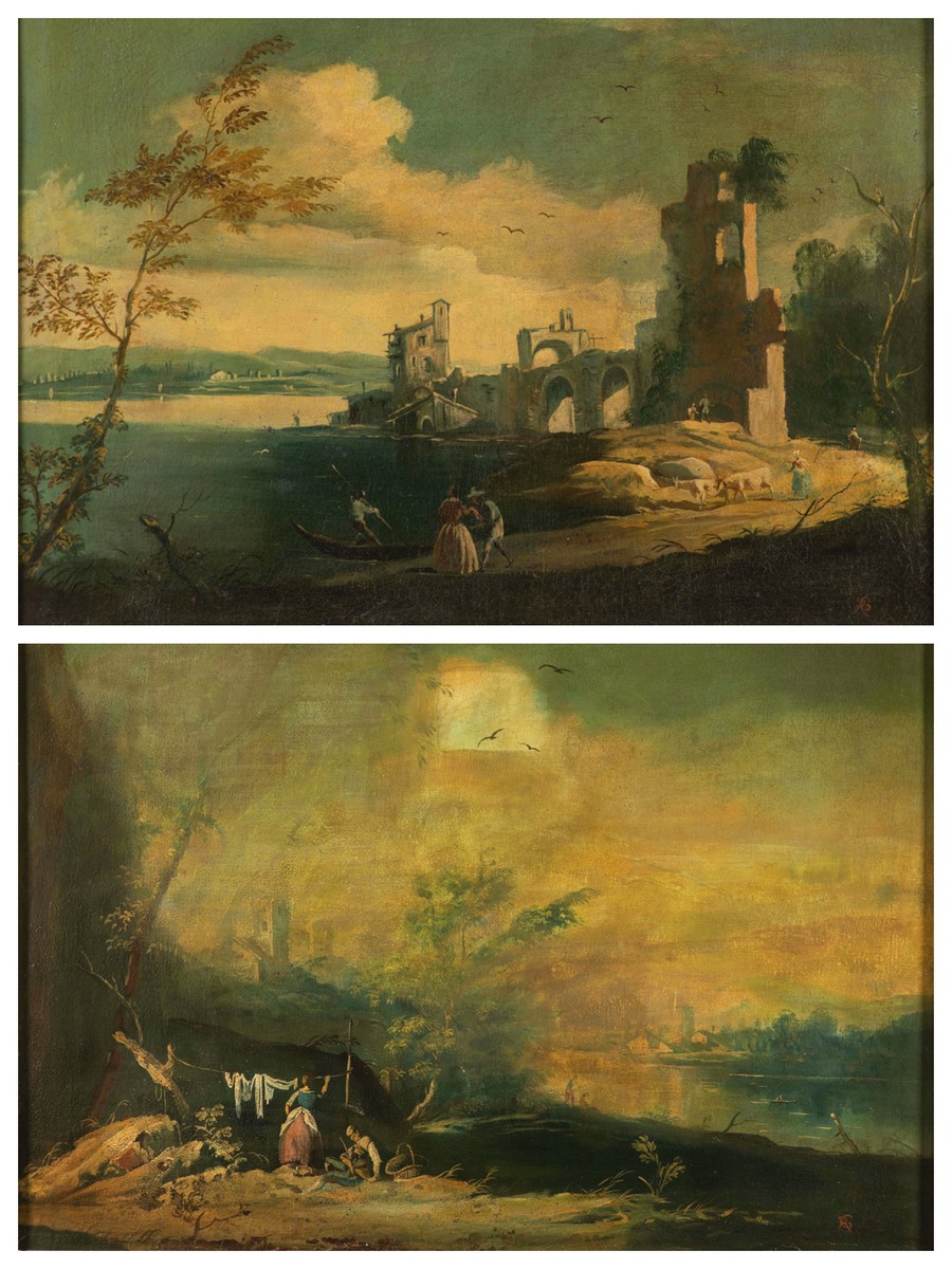 18th Century Venetian Painter, River Landscape with Fishermen and Washers River Landscape with Ruins and Figures