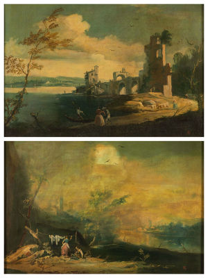 18th Century Venetian Painter, River Landscape with Fishermen and Washers River Landscape with Ruins and Figures