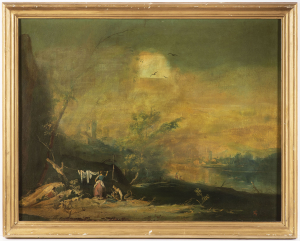 18th Century Venetian Painter, River Landscape with Fishermen and Washers River Landscape with Ruins and Figures