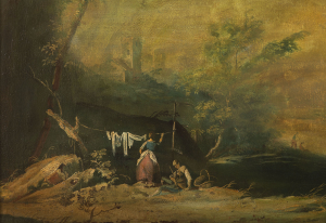 18th Century Venetian Painter, River Landscape with Fishermen and Washers River Landscape with Ruins and Figures