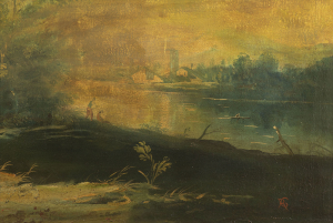 18th Century Venetian Painter, River Landscape with Fishermen and Washers River Landscape with Ruins and Figures