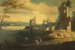 18th Century Venetian Painter, River Landscape with Fishermen and Washers River Landscape with Ruins and Figures
