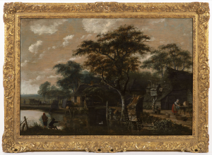 Haarlem master from the circle of Jacob van Ruisdael, Trees and Huts on the Bank of the Canal