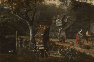 Haarlem master from the circle of Jacob van Ruisdael, Trees and Huts on the Bank of the Canal
