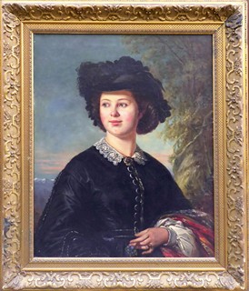 Anton Burger (1824 - 1905) - PORTRÉT DÍVKY V ČERNÉM KLOBOUKU