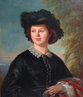 Anton Burger (1824 - 1905) - PORTRÉT DÍVKY V ČERNÉM KLOBOUKU