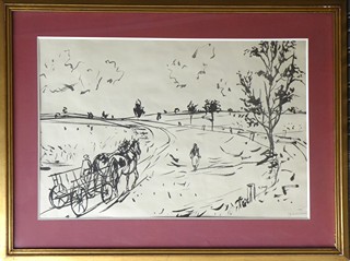 VOJTĚCH SEDLÁČEK (1892-1973) - KRAJINA S POSTAVAMI A KOŇSKÝM POVOZEM