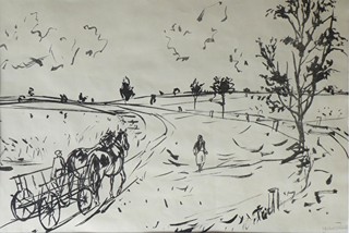 VOJTĚCH SEDLÁČEK (1892-1973) - KRAJINA S POSTAVAMI A KOŇSKÝM POVOZEM