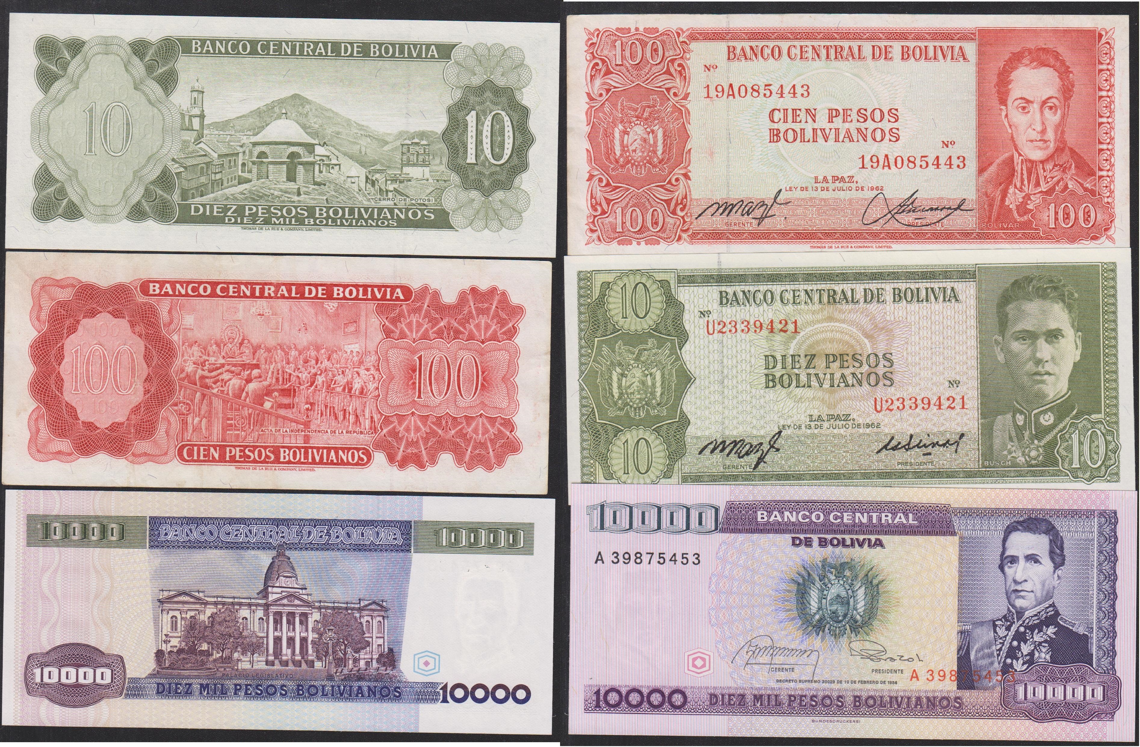 Bolivia Lot 10,100,10000 Boliviano 1962-84