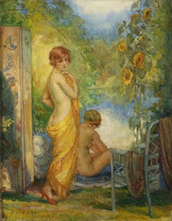 BOHUMIL MAREČEK 1884 - 1962 - KOUPÁNÍ U RYBNÍKA