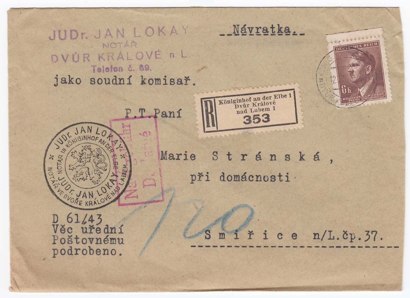 Úřední R-dopis s Návratkou vyfr. zn. 8K Hitler