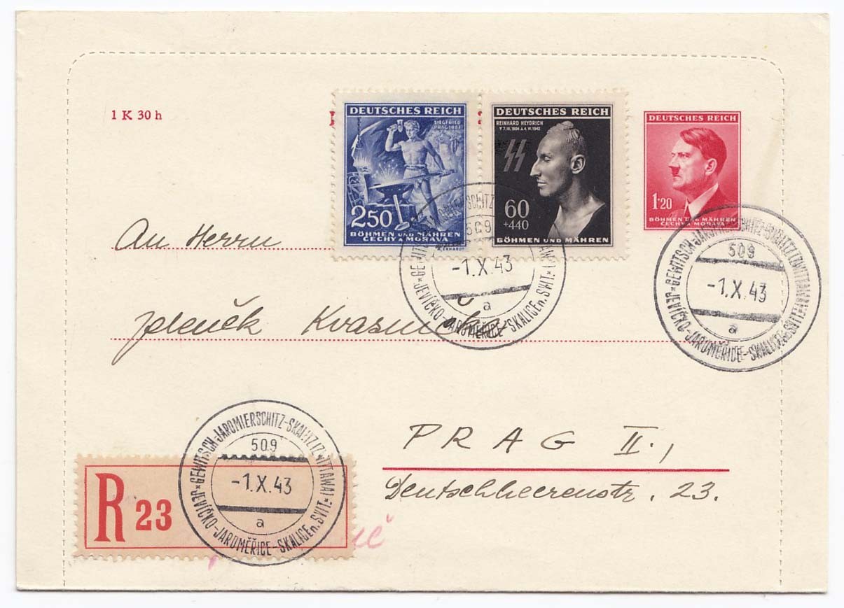 R-zálepka 1.20K Hitler dofr. pestrou frankaturou známek,vlakové razítko Jevíčko-Jaroměřice-Skalice n.Svitavou