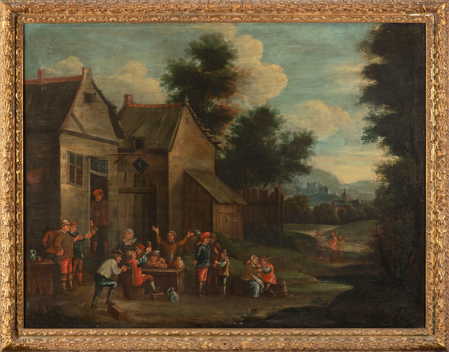 Flemish painter, 17th century,
Peasants drink in front of a tavern
