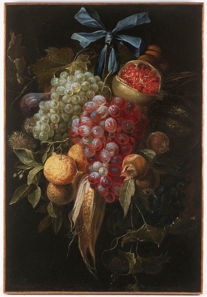 David de Heem (1663-1701) - attributed to
Festoon with Grapes, Corn, Pomegranate and Citrus Fruits