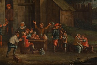 Flemish painter, 17th century,
Peasants drink in front of a tavern