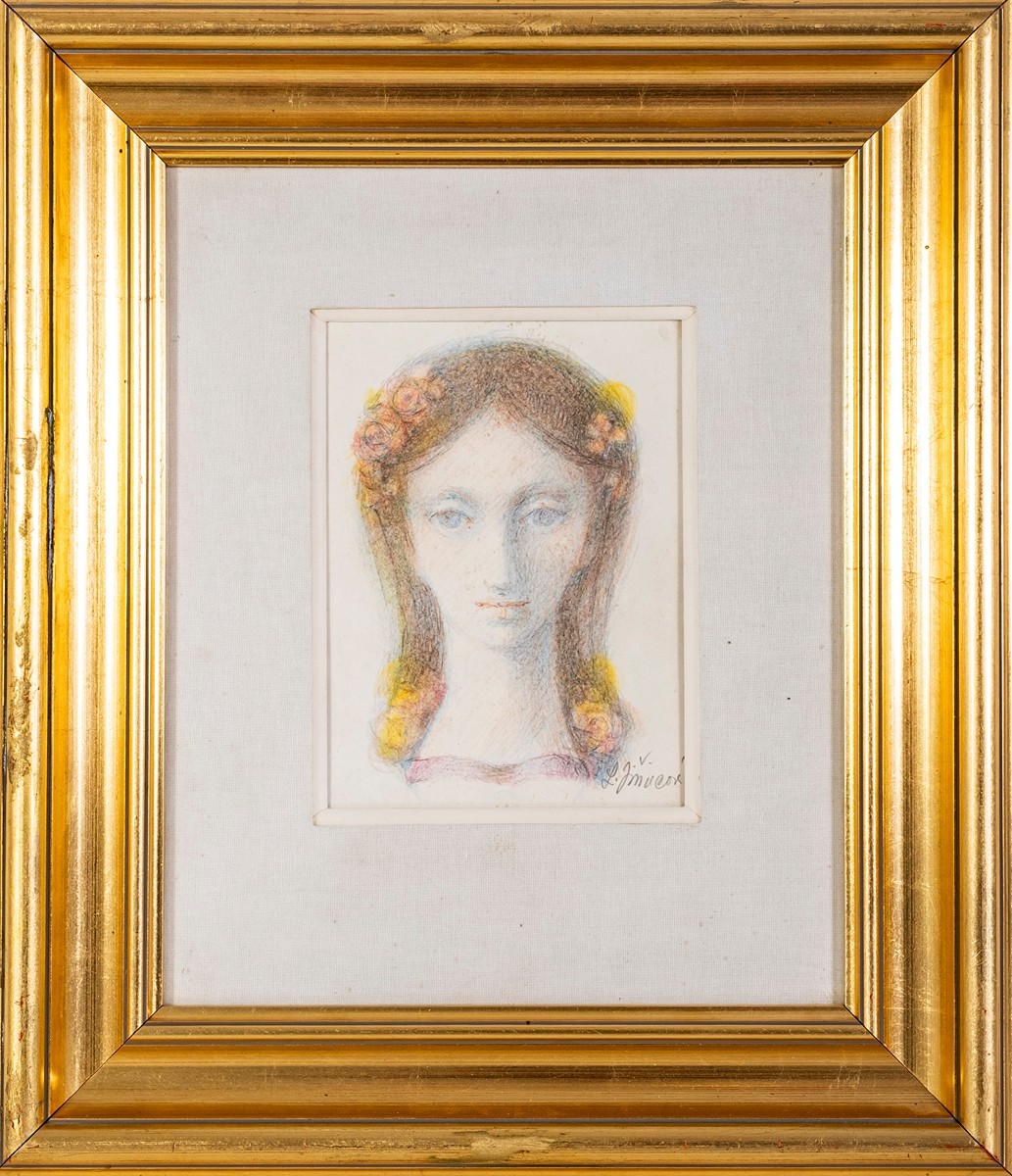Ludmila Jiřincová (1912 - 1994) - "Ozdobená žena" - Portrét dívky s květinami ve vlasech