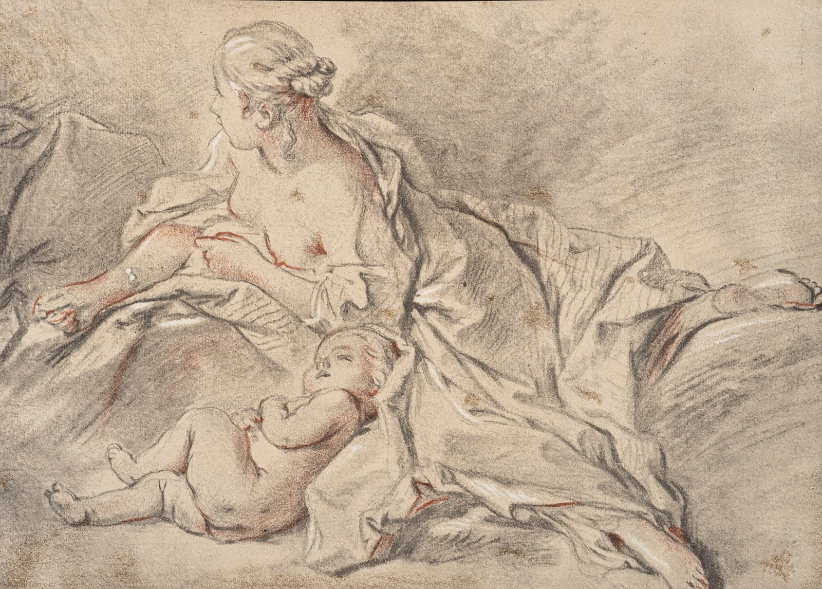 Boucher, François (1703-1770) - Femme couchée sur le côté, la tête vers la droite, avec un enfant