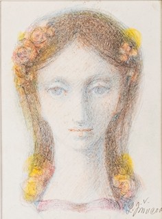 Ludmila Jiřincová (1912 - 1994) - "Ozdobená žena" - Portrét dívky s květinami ve vlasech