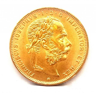 Zlatá mince 8 zlatník/ 20 frank Franz Josef 1892