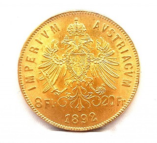 Zlatá mince 8 zlatník/ 20 frank Franz Josef 1892