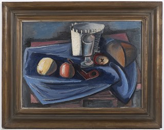 ALFRED JUSTITZ 1879 - 1934 - ZÁTIŠÍ S JABLKY, CHLEBEM A DÝMKOU