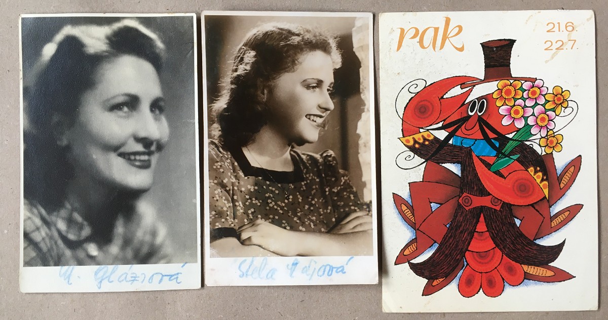 Herečky (Májová Stela, Glázrová Marie, Holubová Eva, Maděrová Magda - konvolut podpisů