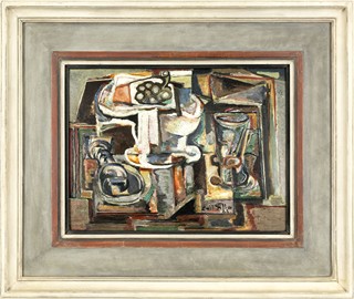 Emil Filla (1882 - 1953) - Podnos a dvě sklenice (Zátiší s hroznem a převrženou sklenicí)