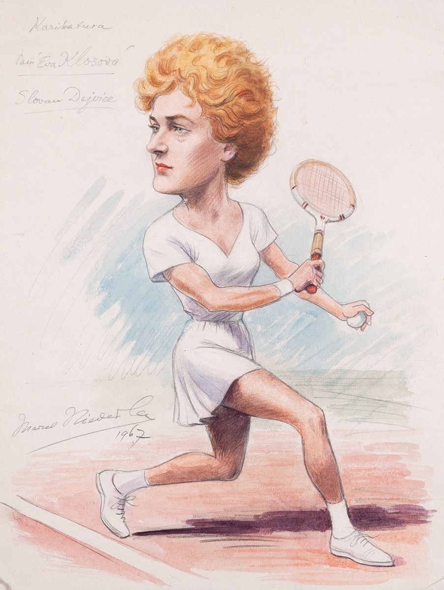 Marcel Niederle (1898 - 1990) - Karikatura - paní Eva Klosová Slovan Dejvice