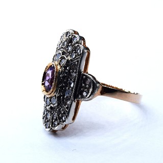 14 kt. Zlato, stříbro - Prsten - 0,30 ct Ametyst - Diamanty