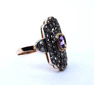 14 kt. Zlato, stříbro - Prsten - 0,30 ct Ametyst - Diamanty