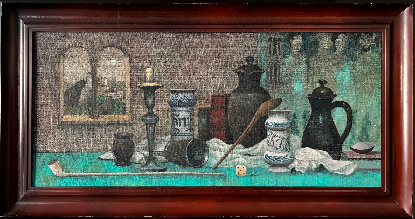 Placatka Ladislav (1923-1986) - Zátiší alchymisty a tajemné postavy v pozadí