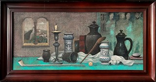 Placatka Ladislav (1923-1986) - Zátiší alchymisty a tajemné postavy v pozadí