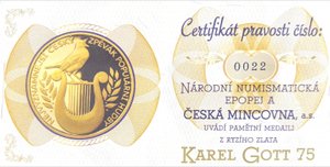 Unikátní zlatá pamětní medaile mistra Karla Gotta v proof kvalitě 1 OZ