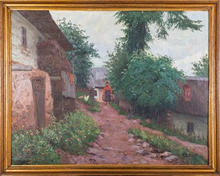 Josef Štolovský (1879–1936) - Secesní kompozice s hospodyní a kohoutem (velký rozměr)