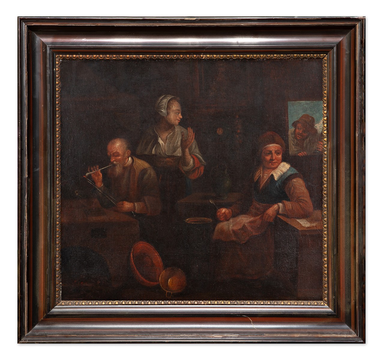 Holandský malíř 18. století - Domácí scéna s mužem připalujícím dýmku