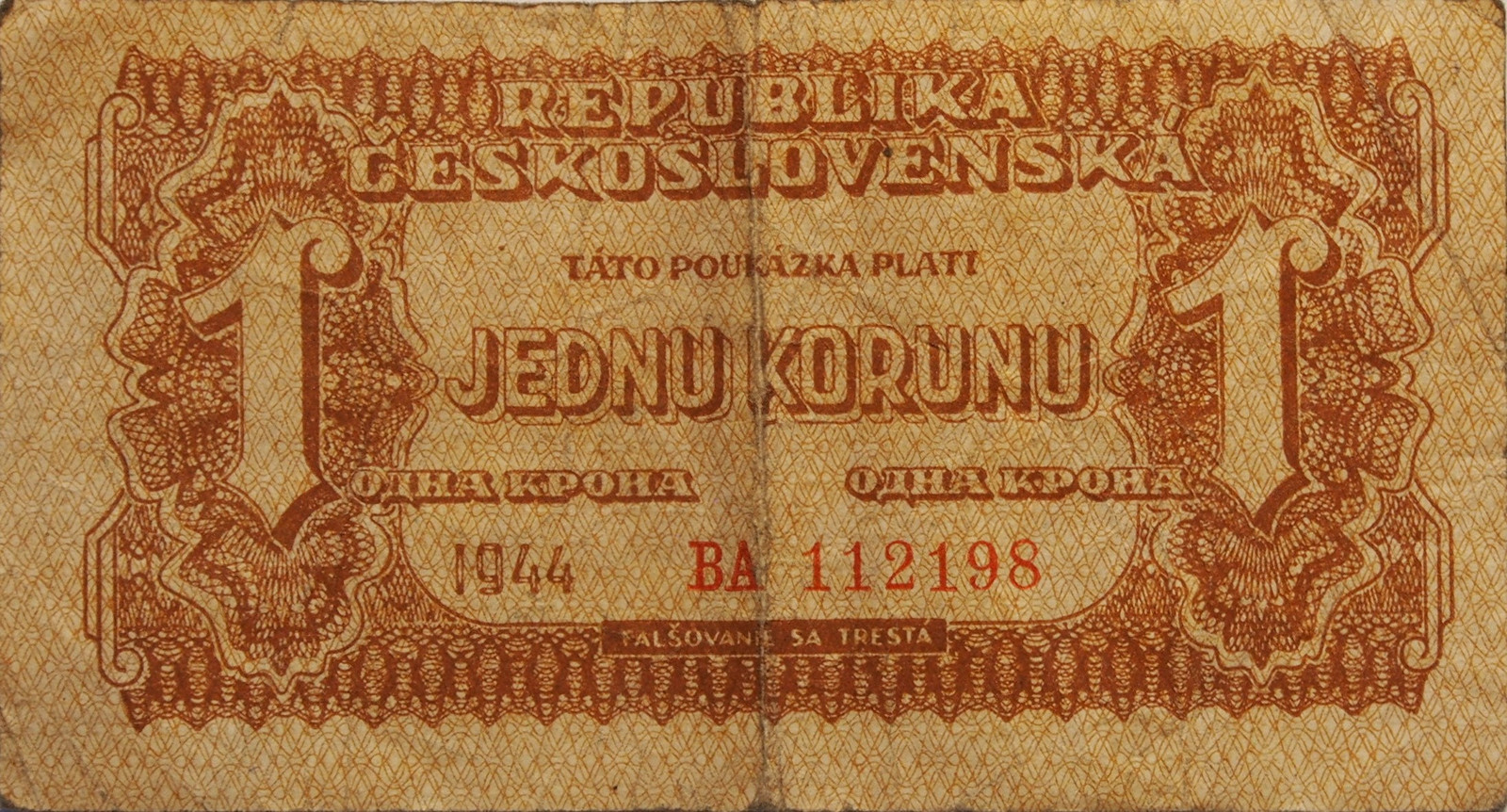 Bankovka 1 KORUNA 1944 ČESKOSLOVENSKO