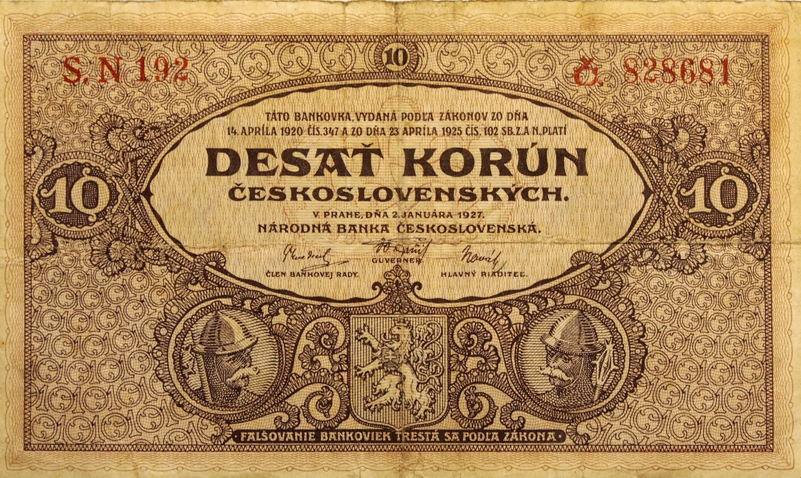 Bankovka 10 KORUN ČESKOSLOVENSKO 1927