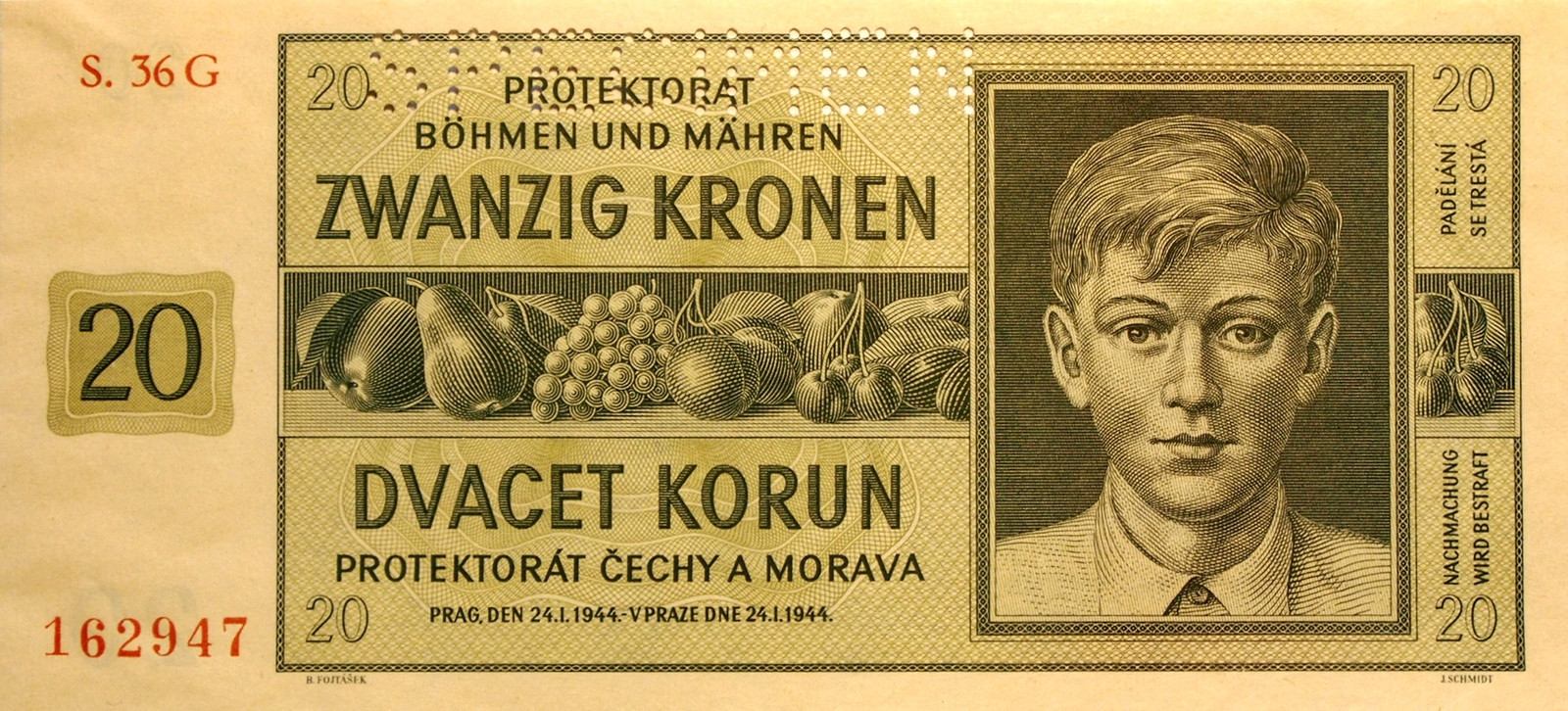 Bankovka SPECIMEN 20 KORUN KRONEN PROTEKTORÁT ČECHY A MORAVA 1944